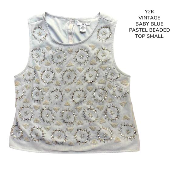 Y2K VTG. ALL OVER BEADED‎ PASTEL BLUE TOP SMALL. - Picture 1 of 7
